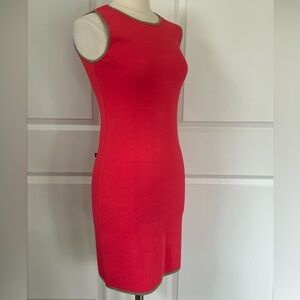 BIANA size 4 Coral Sleeveless Sheath Dress Tan Trim Midi $350